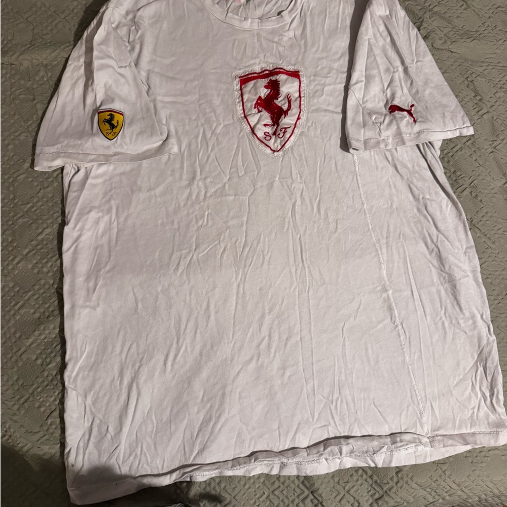 Vintage Official Ferrari White Tee with Red Crests and Patches